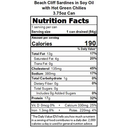 Beach Cliff Wild Caught Sardines in Soybean Oil with Hot Green Chilies 3.75 oz